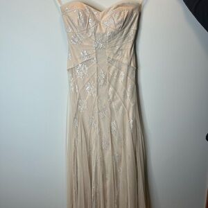 Betsy & Adam Champagne Strapless Beaded Prom Gown